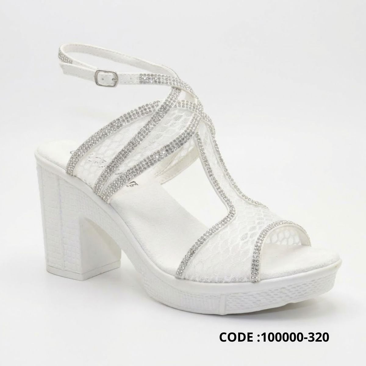 صندل سهرة دانتيل بكعب عريض وفصوص لامعة - نعل طبي مريح للمناسبات -موديل 100000-320 - ابيض