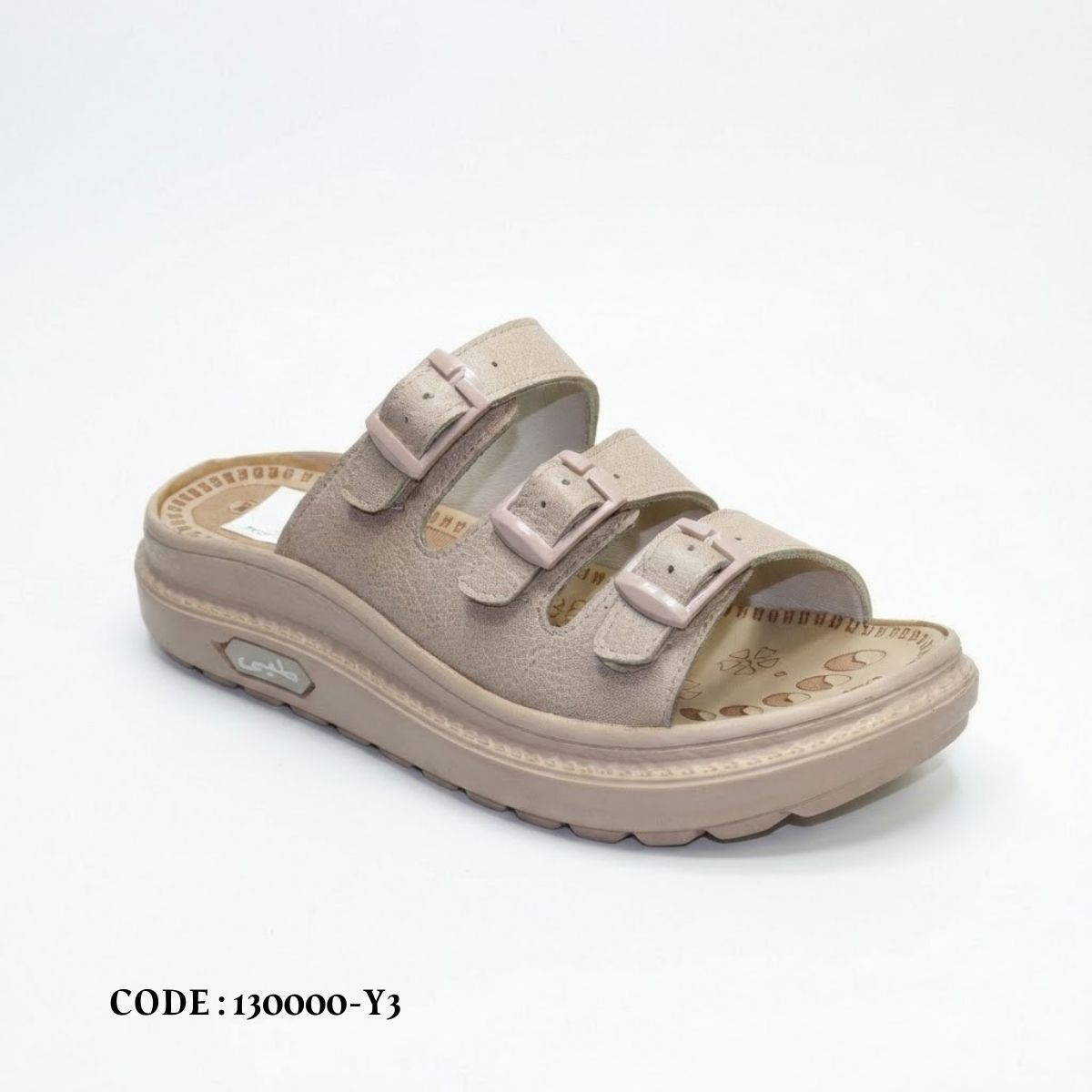 صندل سلايد طبي مريح بثلاثة أحزمة ونعل بورتان مرتفع - موديل 130000-Y3 - بيج