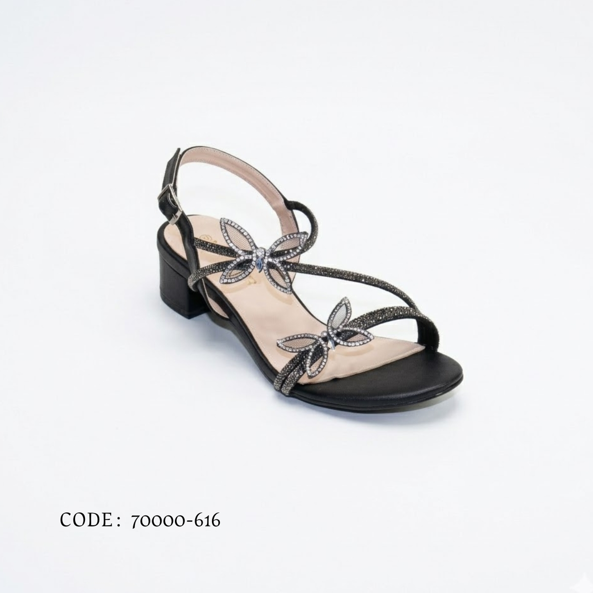صندل نسائي بكعب عريض مريح وتصميم فاخر مرصع بالاكسسوارات - اسود - موديل 70000-616