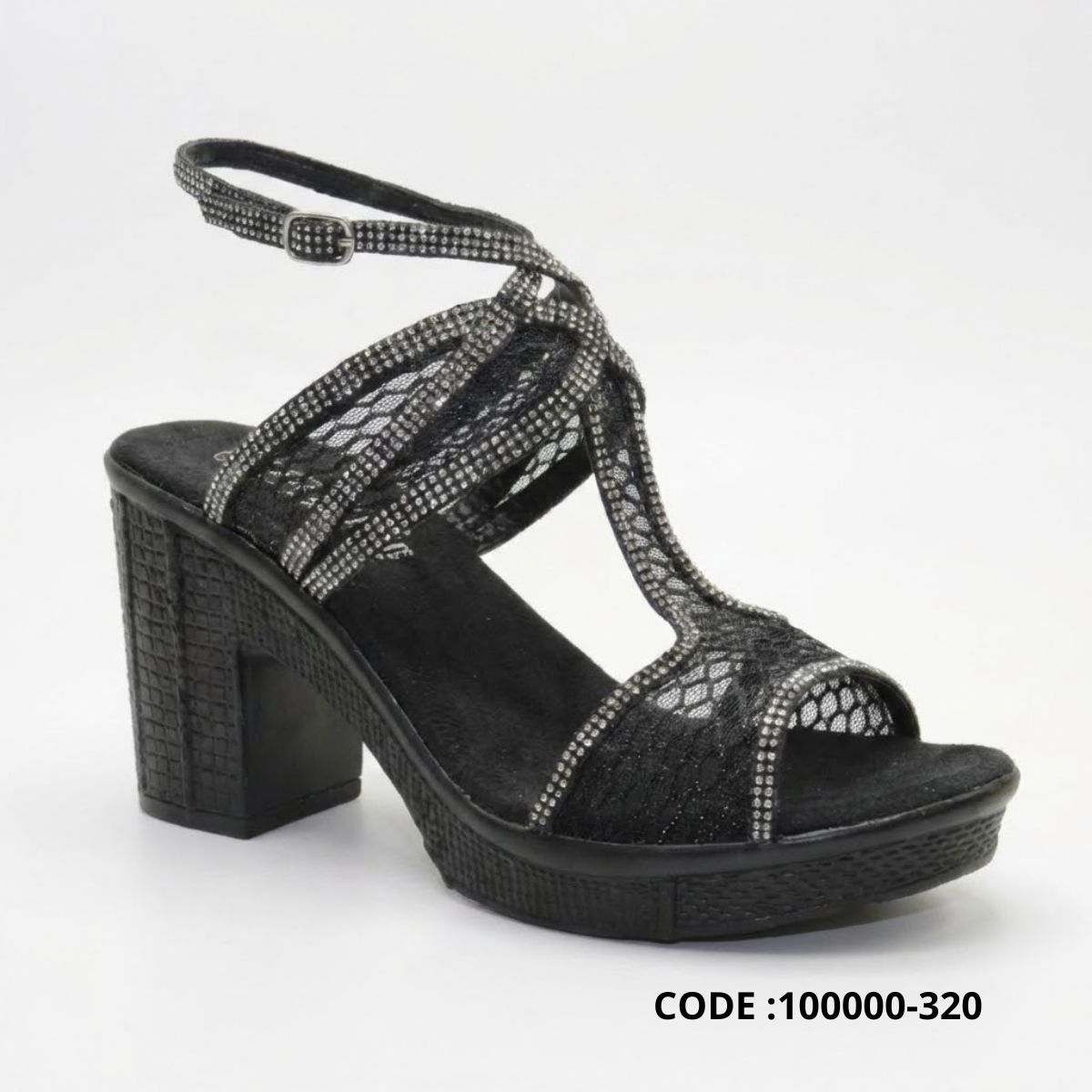 صندل سهرة دانتيل بكعب عريض وفصوص لامعة - نعل طبي مريح للمناسبات -موديل 100000-320 - اسود
